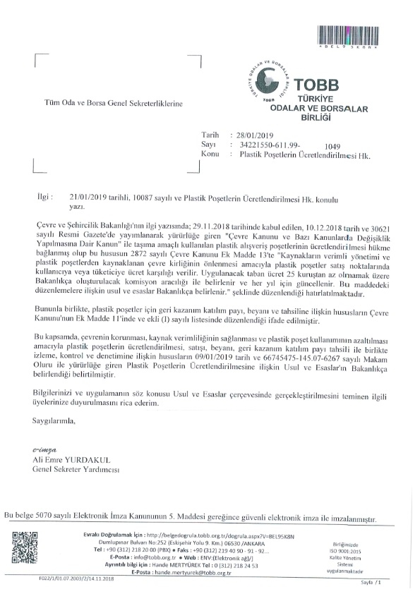Plastik Poşetlerin Ücretlendirilmesi Hk.