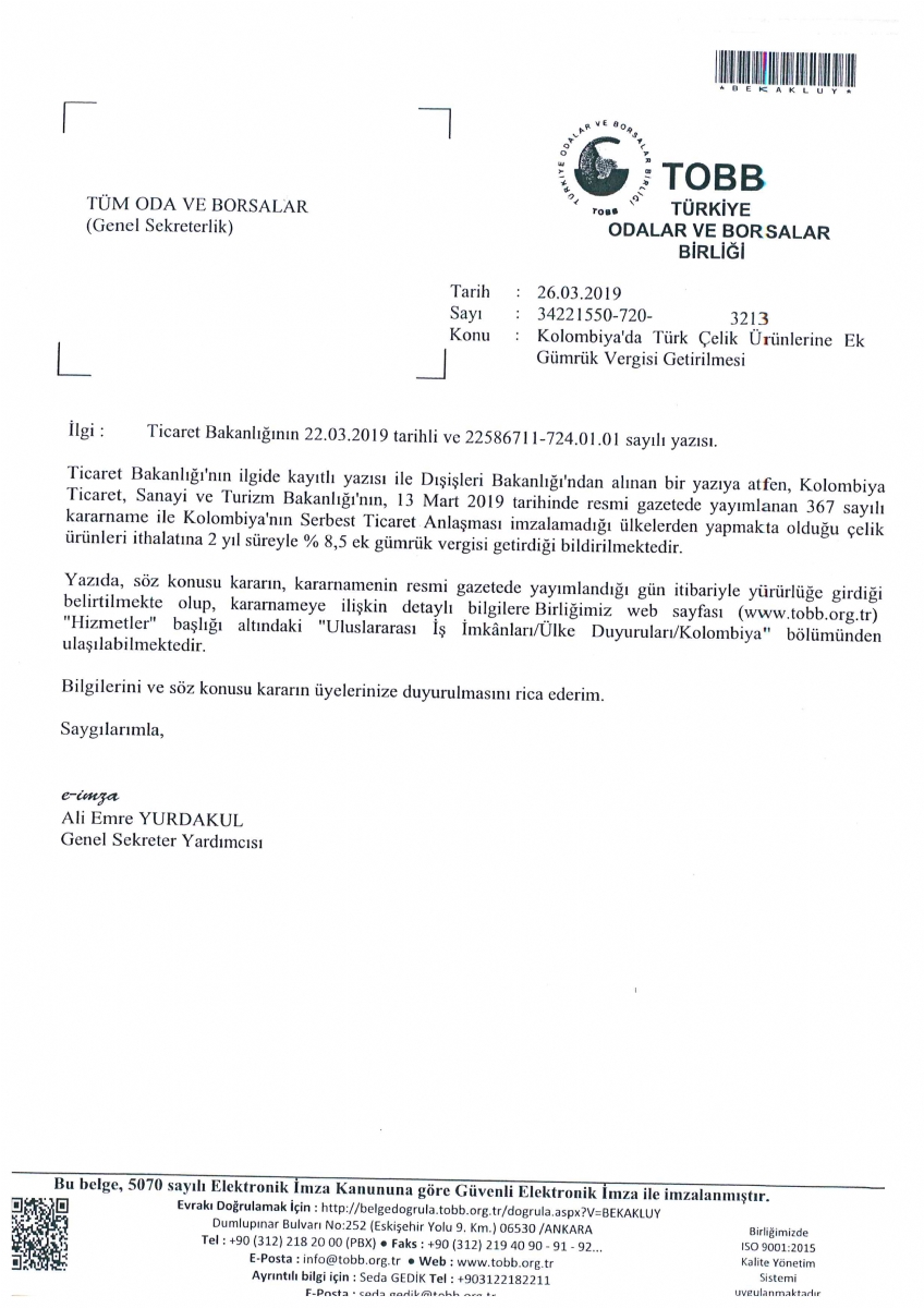 Kolombiya'da Türk Çelik Ürünlerine Ek Gümrük Vergisi Getirilmesi