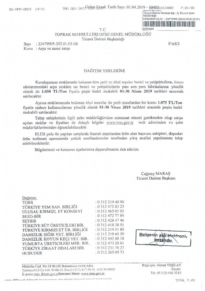 Arpa ve Mısır Satışı