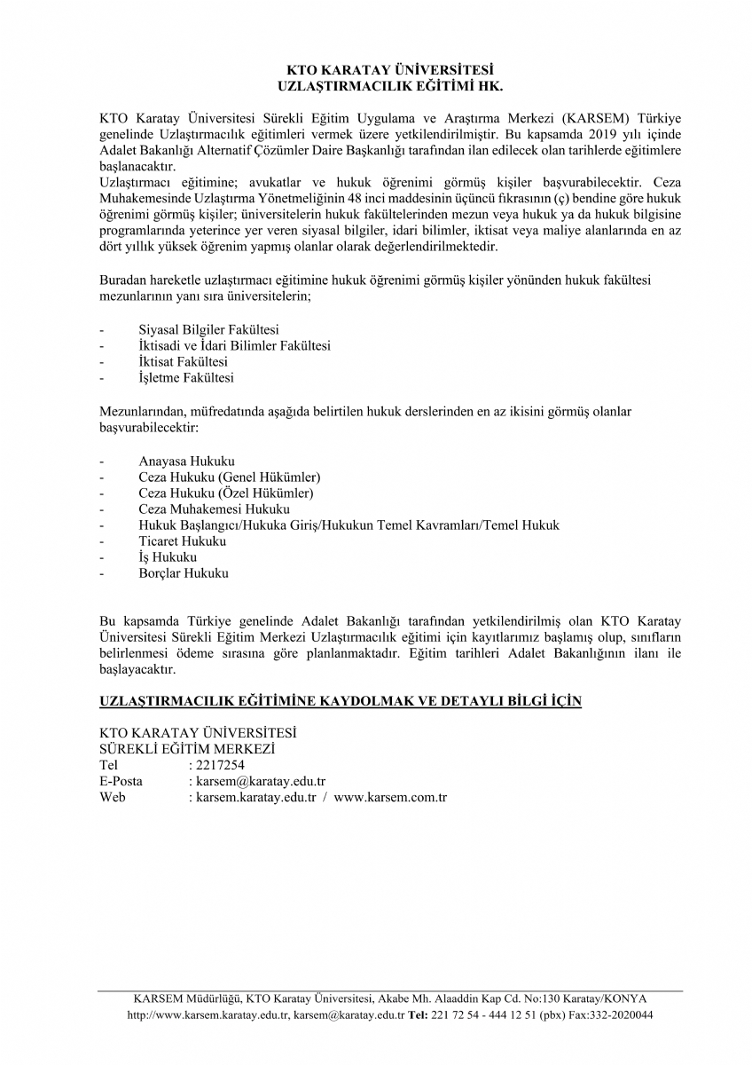 KTO Karatay Üniversitesi Uzlaştırmacılık Eğitimi Hk.