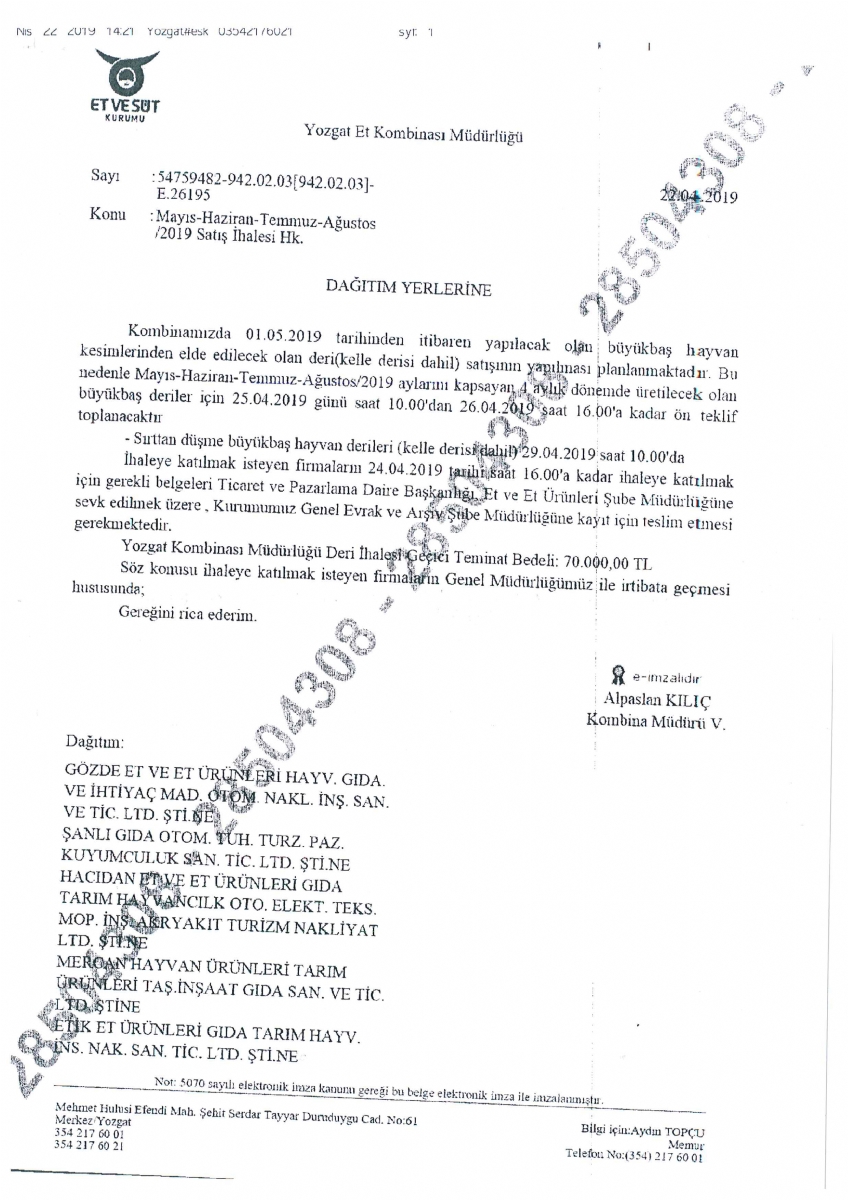 Mayıs-Haziran-Temmuz-Ağustos/2019 Satış İhalesi Hk.
