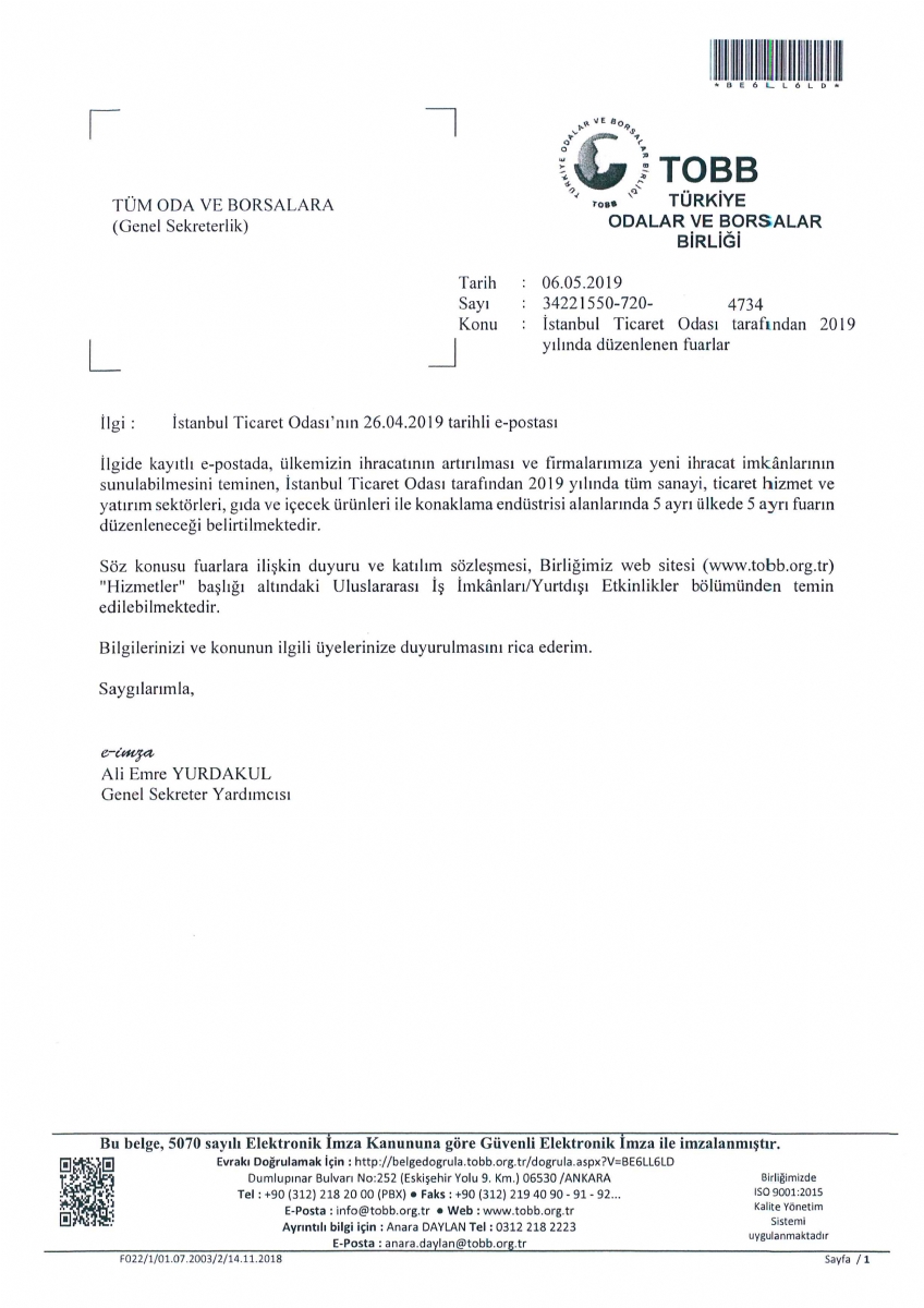 İstanbul Ticaret Odası Tarafından 2019 Yılında Düzenlenen Fuarlar