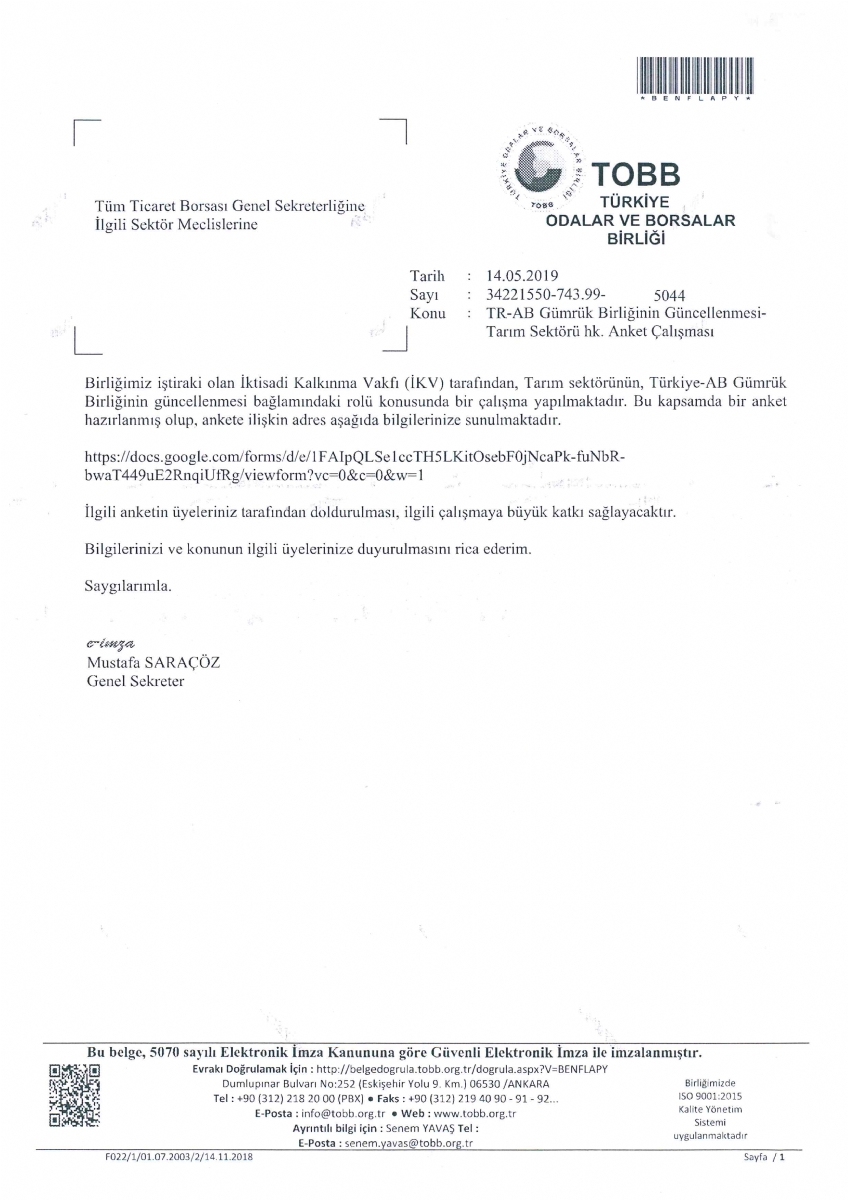 TR-AB Gümrük Birliğinin Güncellenmesi Tarım Sektörü Hk. Anket Çalışması