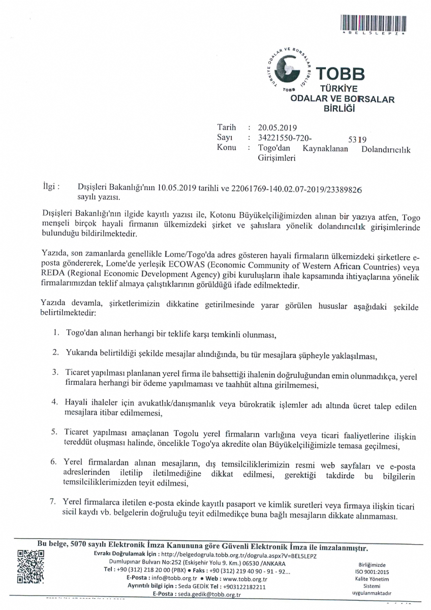 Togo'dan Kaynaklanan Dolandırıcılık Girişimleri