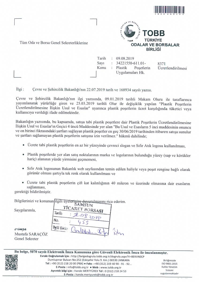 Plastik Poşetlerin Ücretlendirilmesi Uygulamaları Hk.