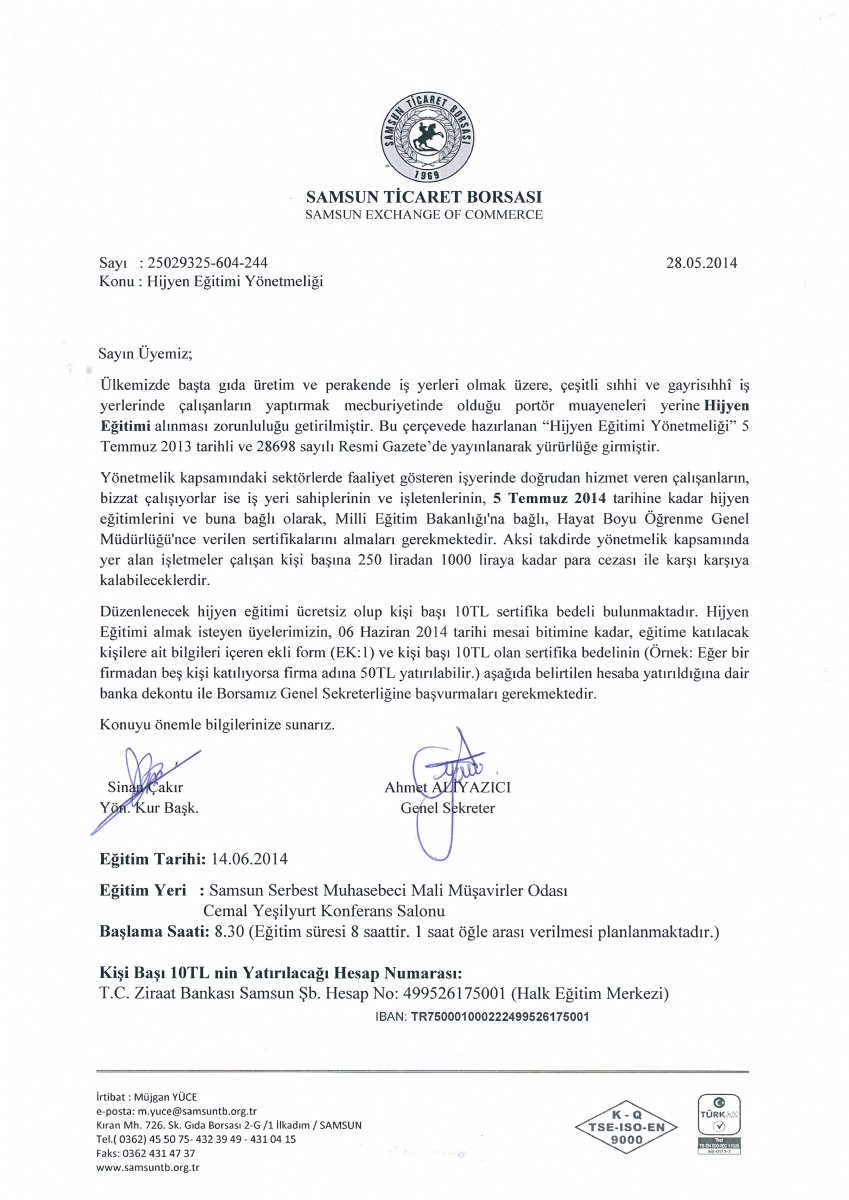 Borsamız Tarafından Hijyen Eğitimi Düzenlenecektir