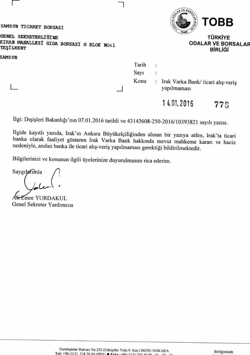 Irak Varka Bank/ Ticari Alış-veriş Yapılmaması