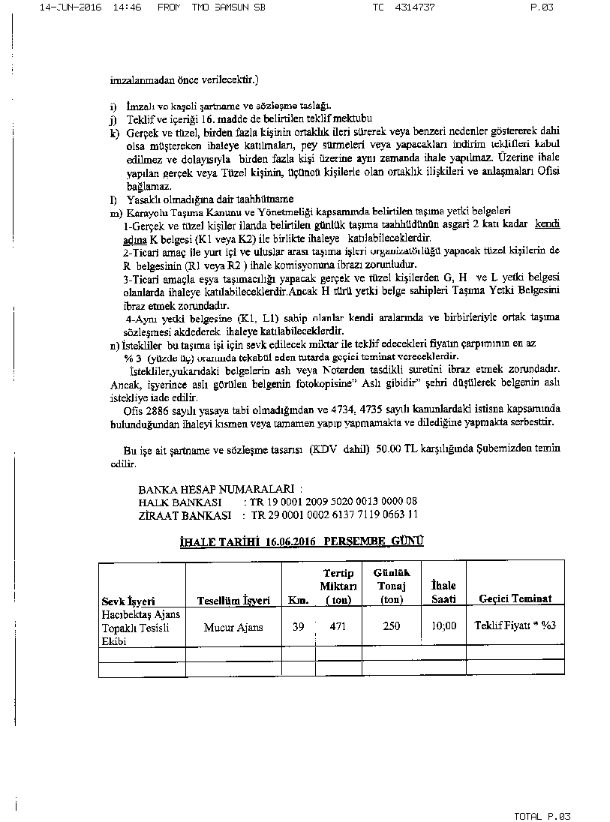 Tmo Genel Müdürlüğü- Taşıma İhalesi