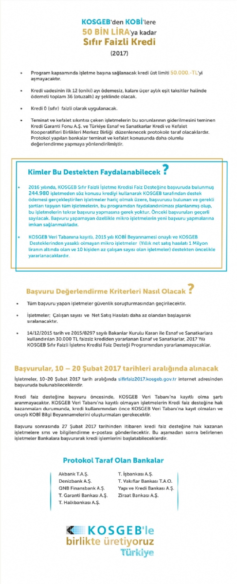 2017 Yılı Kosgeb Sıfır Faizli İşletme Kredisi Faiz Desteği
