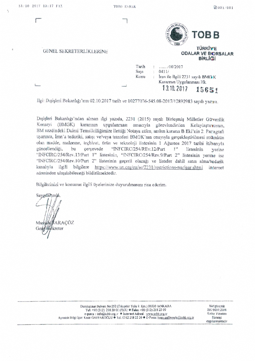 İran ile İlgili 2231 Sayılı Bmgk Kararının Uygulanması Hk.