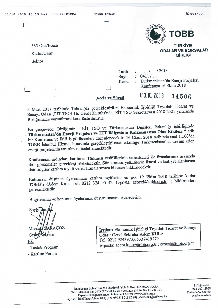 Türkmenistan'da Enerji Projeleri Konferansı 16 Ekim 2018