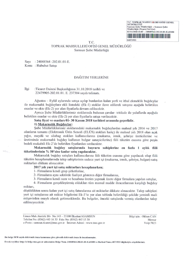 Hububat Satışı