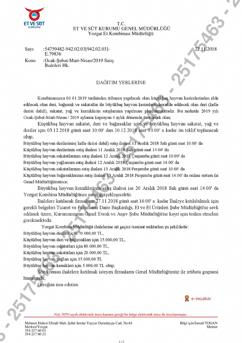 Ocak-Şubat-Mart-Nisan/2019 Satış İhaleleri Hk.