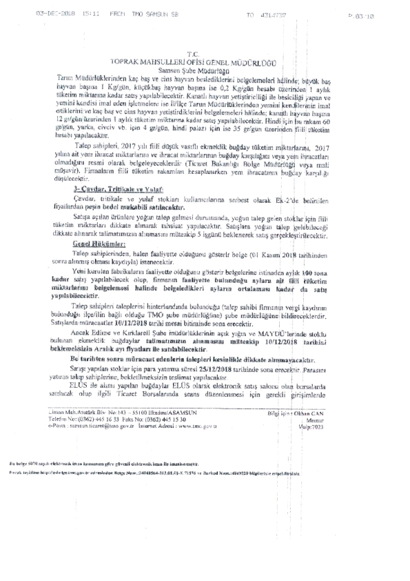 Hububat Satışı