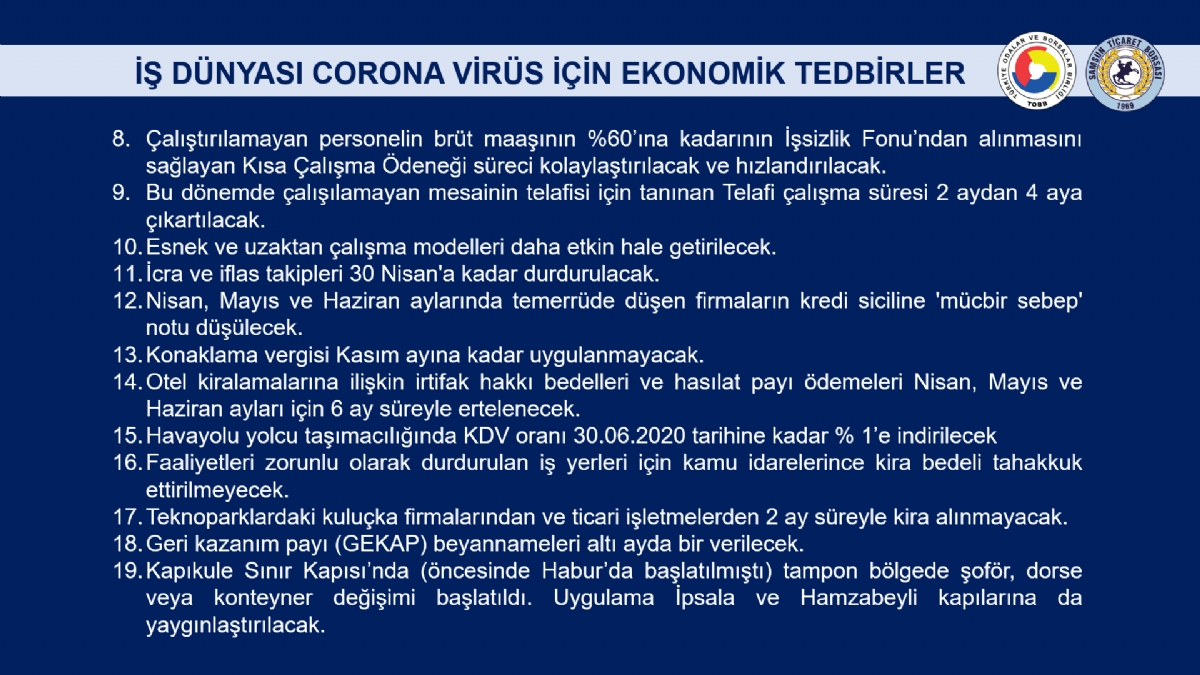 İş Dünyası Corona Virüs İçin Ekonomik Tedbirler
